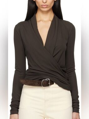 TOTEME Khaki Overlapped Jersey Top Size Small Draped Blouse Old Money